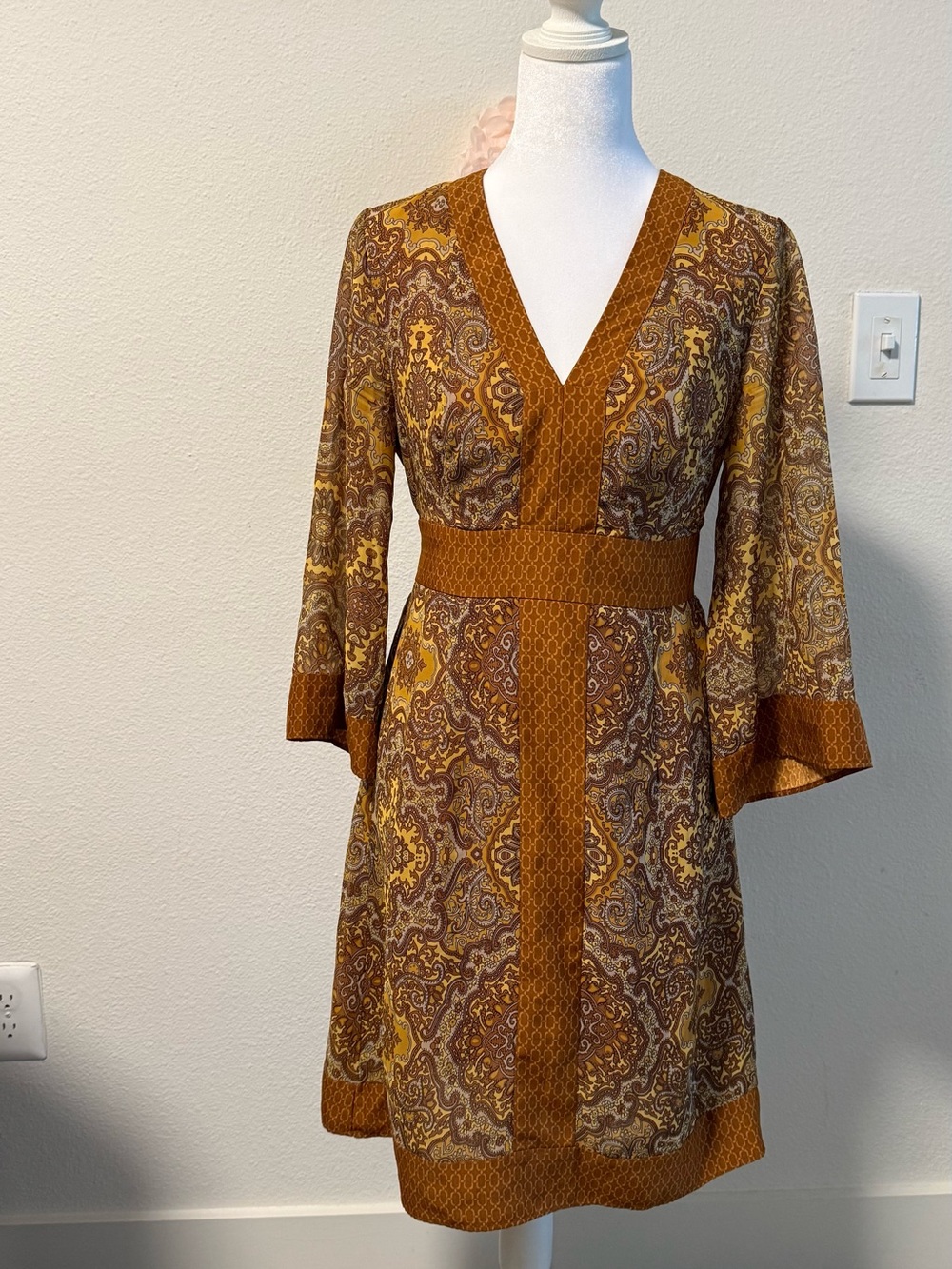New York & Company Brown and Mustard Paisley V-Neck Long Sleeve Dress